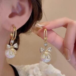 Hanging Bells Bow Stud Pearl Earring