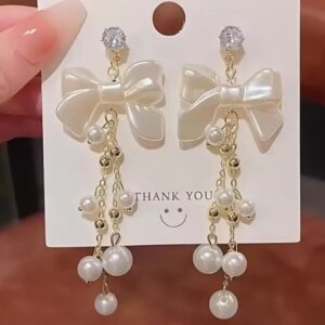 Bow Pearl Long Tassel Earrings, Best Gift for Birthday, Anniversary & Wedding