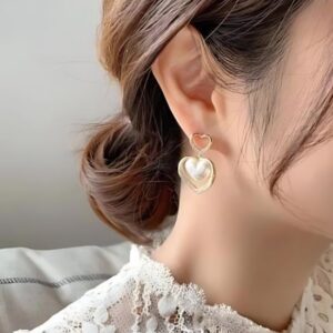 Gold Plated Korean Marvelous Dual Hearts Pearl Drop Earrings