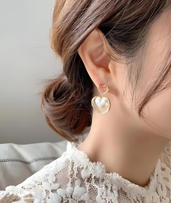 Gold Plated Korean Marvelous Dual Hearts Pearl Drop Earrings