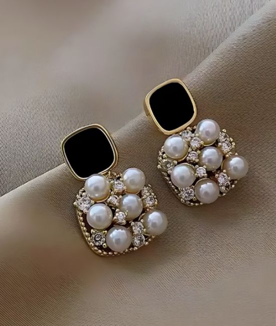 White & Black Pearls Square Western Earrings For Women & Girls
