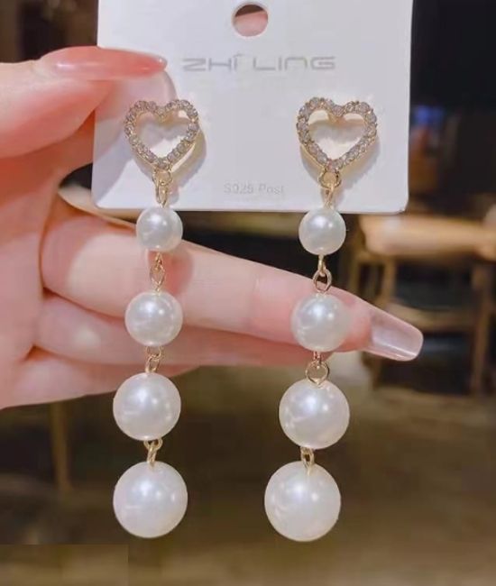 New Elegant Heart Shape Simple Long Statement Fancy Drop Pearl Earrings