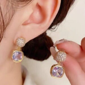 White Stone Square Earrings Gold Alloy Drops & Danglers