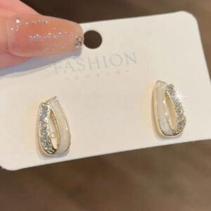 Doubled Line White & Stones Studs Earring For Women & Girls