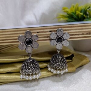 Oxidised Floral Design Jhumka Silver Earrings for Women and Girls