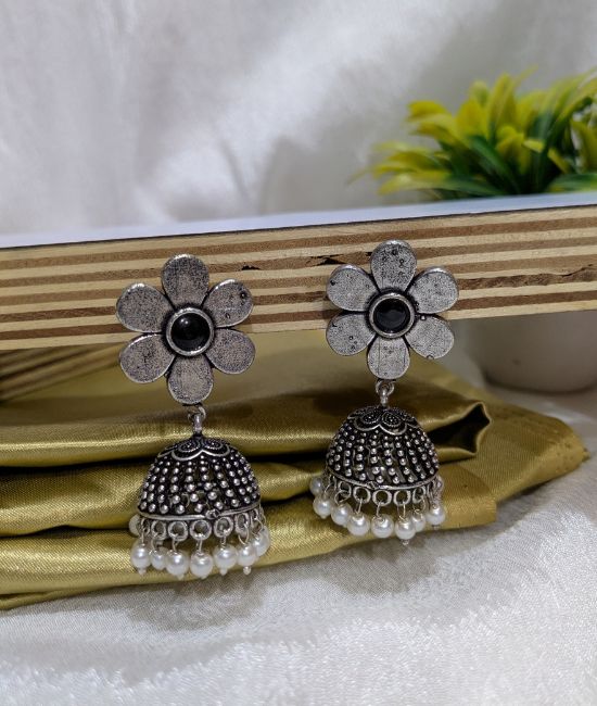 Oxidised Floral Design Jhumka Silver Earrings for Women and Girls