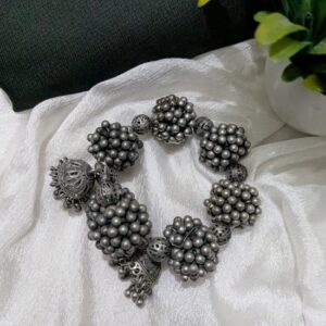 Oxidised Silver Ghoongro Beads Bracelet/Kada Set for Womens